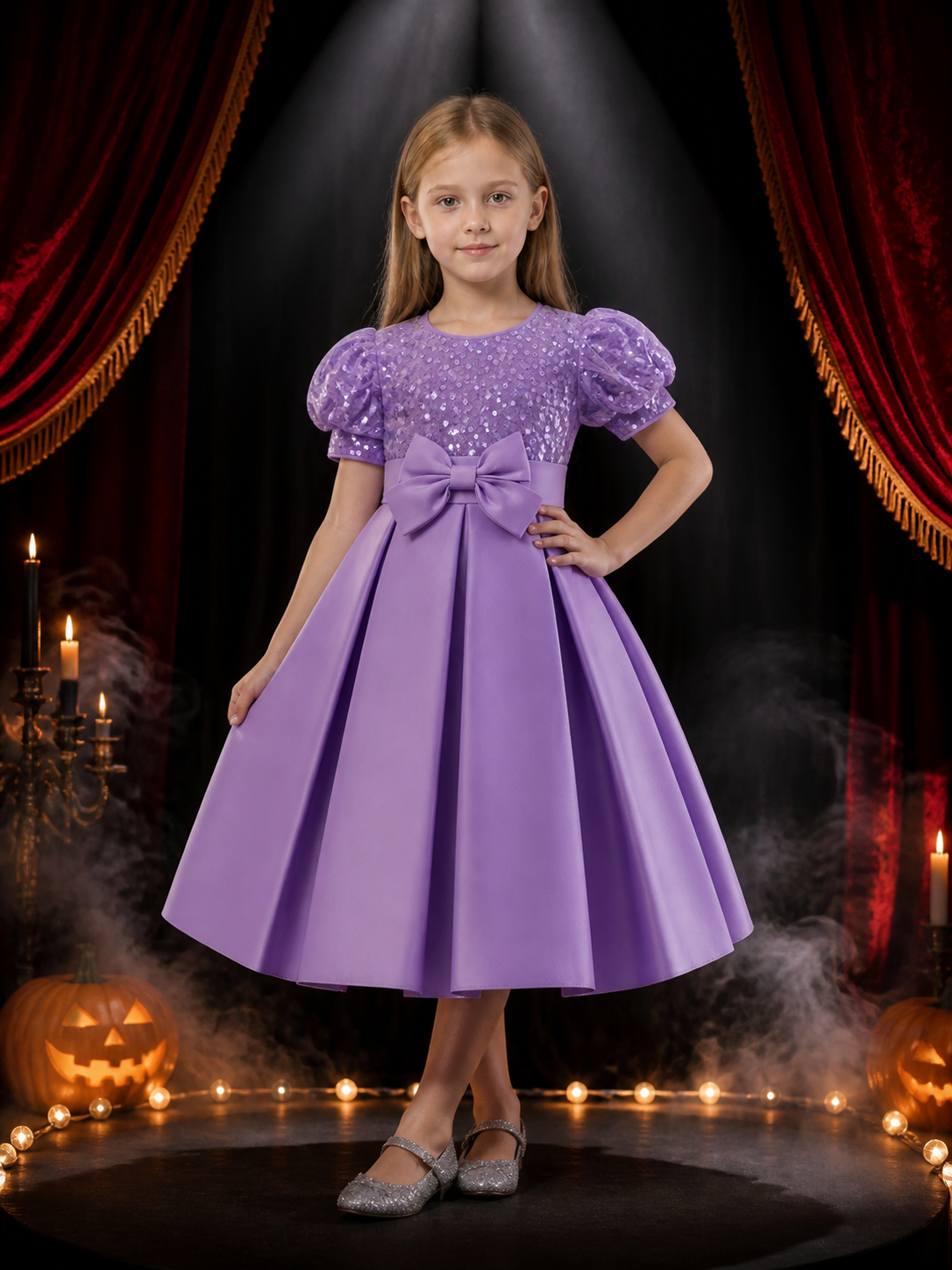 Toddler Girls' Light Purple Sequined Princess Dress with Puff Sleeves and Bow Costume Dresses detail 3