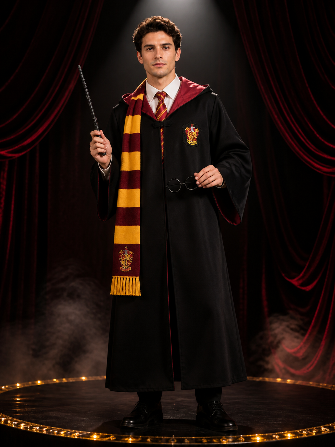 Gryffindor Wizard Costume Set, Hooded Robe With Scarf, Tie, Glasses And Wand Costume Accessories detail 3