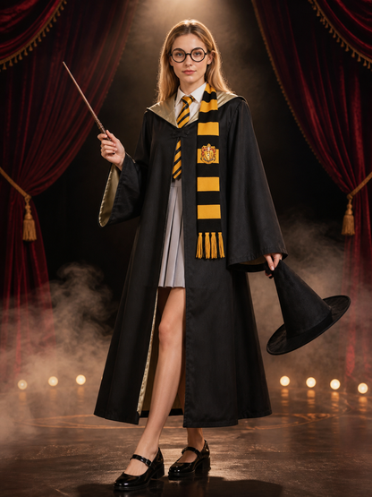Black And Gold Hooded Wizard Costume Set With Robe, Shirt, Skirt And Accessories Costume Accessories detail 3