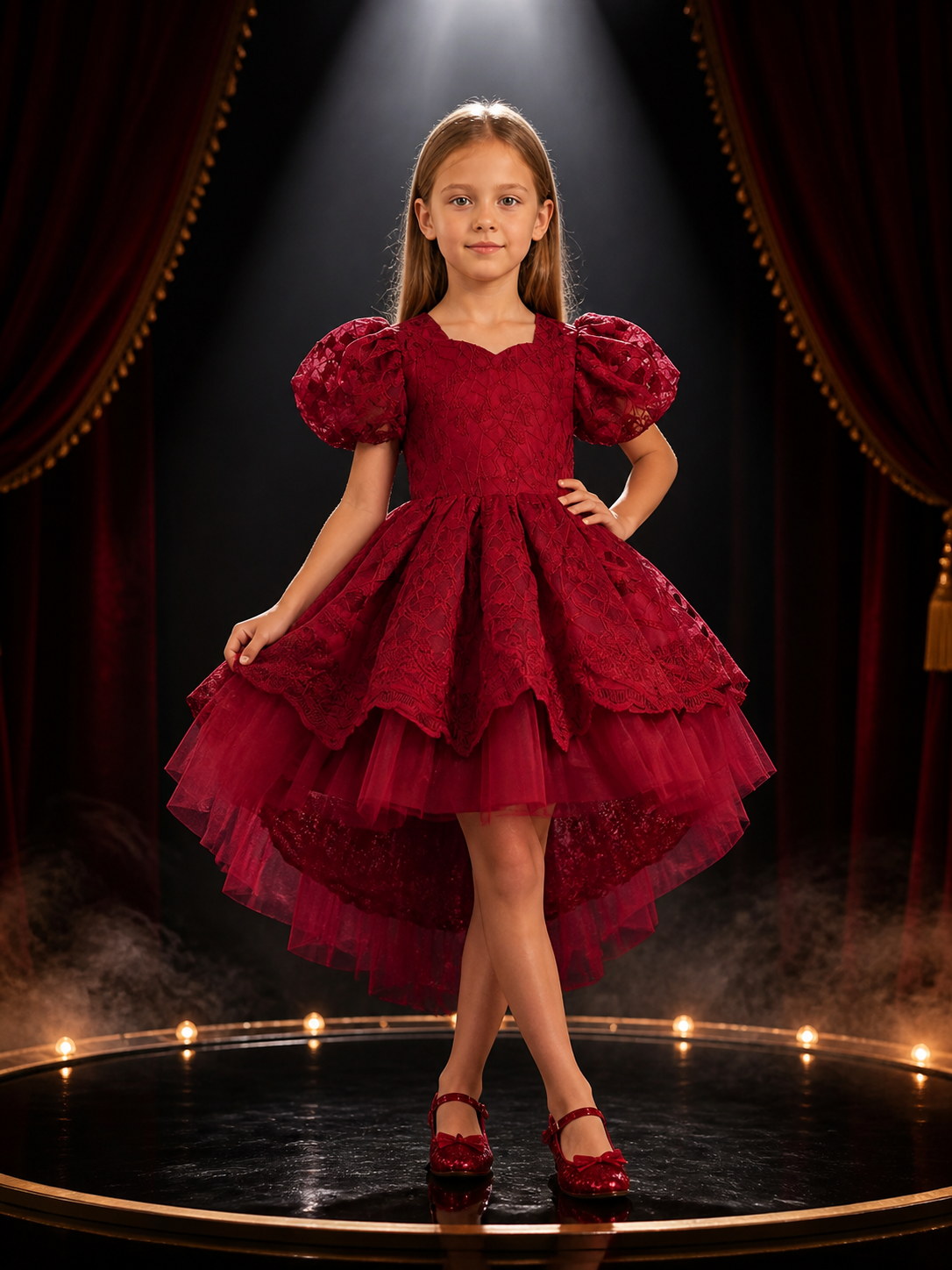 Toddler Girls' Burgundy Princess Dress With Puff Sleeves And Layered Tulle Skirt Costume Dresses detail 3