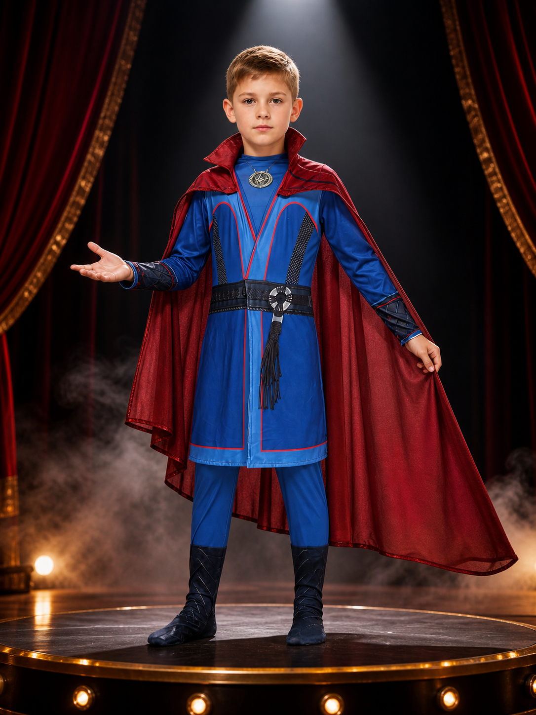 Kids Wizard Costume Set with Red Cape and Blue Robe, Halloween Outfit with Belt Costume Capes detail 3