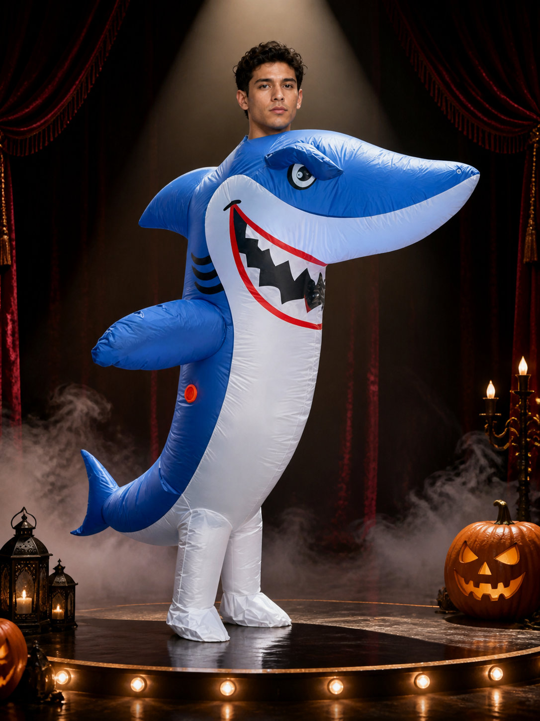 Blue White Shark Inflatable Costume, Blow Up Halloween Suit with Fins Costumes detail 3