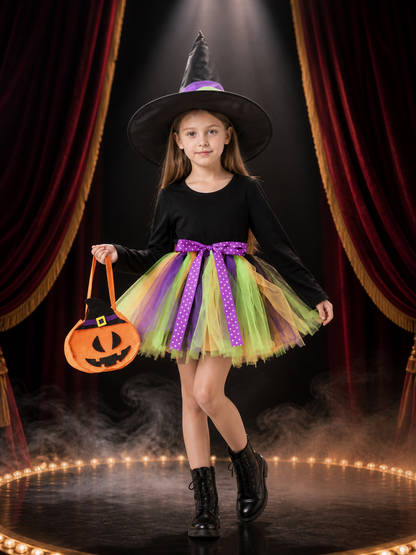 Kids' Halloween Witch Costume Set, Long Sleeve Top, Layered Skirt, Hat and Costume Headwear detail 3