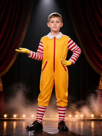 Yellow Clown Jumpsuit Costume With Red and White Striped Sleeves and Legs Costumes detail 3