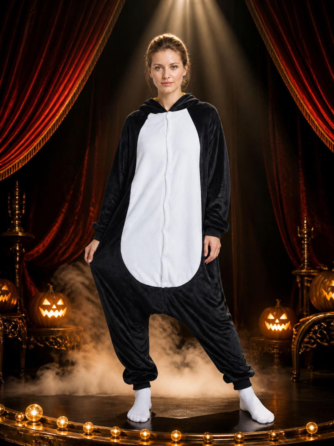 Hooded Penguin Onesie Costume With Yellow Beak, Long Sleeves And Pants
