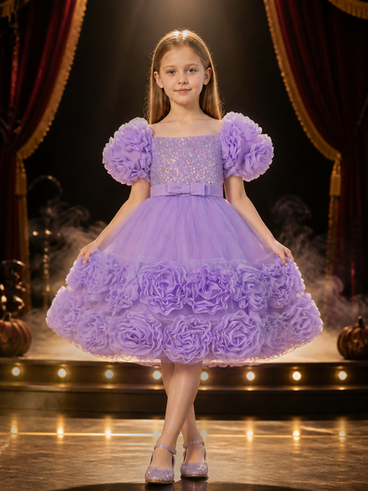 Toddler Girls' Purple Sequined Princess Dress with Puff Sleeves and Layered Costume Dresses detail 3