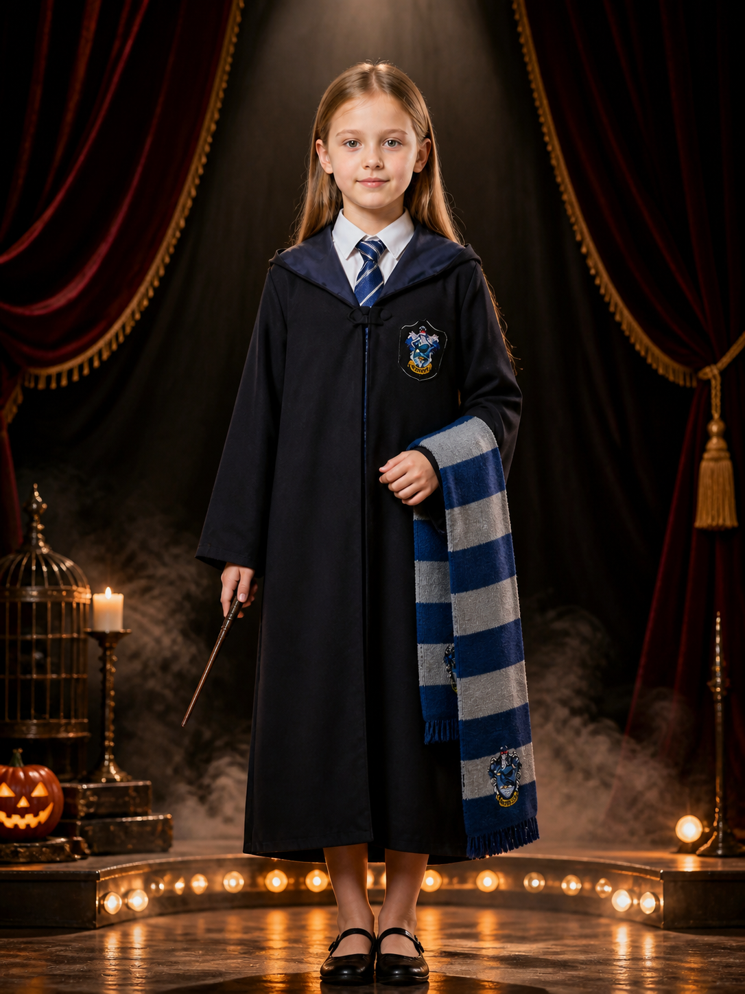 Kids Wizard Robe Costume Set, Hooded Long Cloak with Tie and Scarf, School Costume Capes detail 3