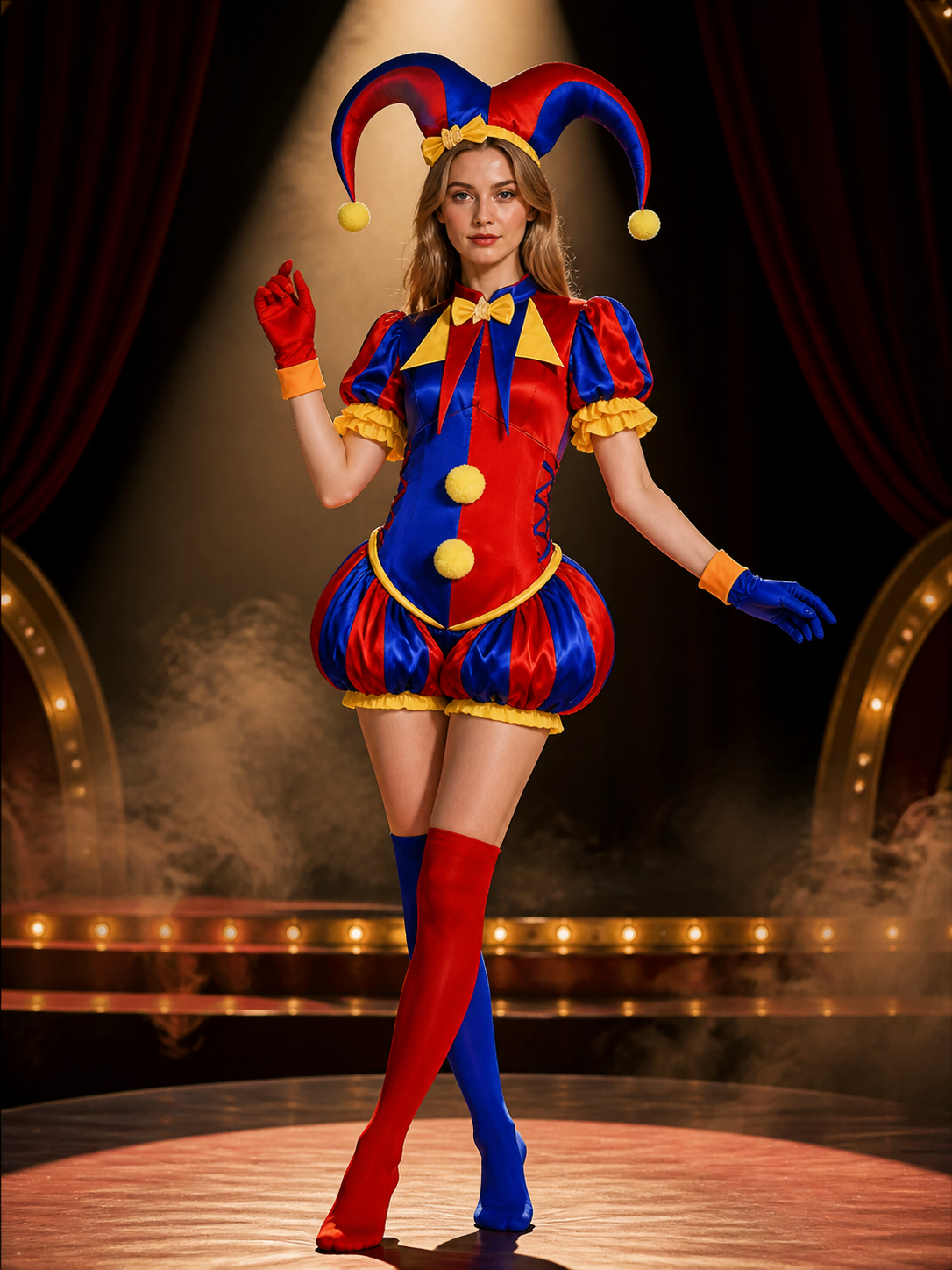 Pomni Clown Jumpsuit Costume, Puffy Sleeve with Hat, Gloves & Booties, Red Blue on-model stage scene view