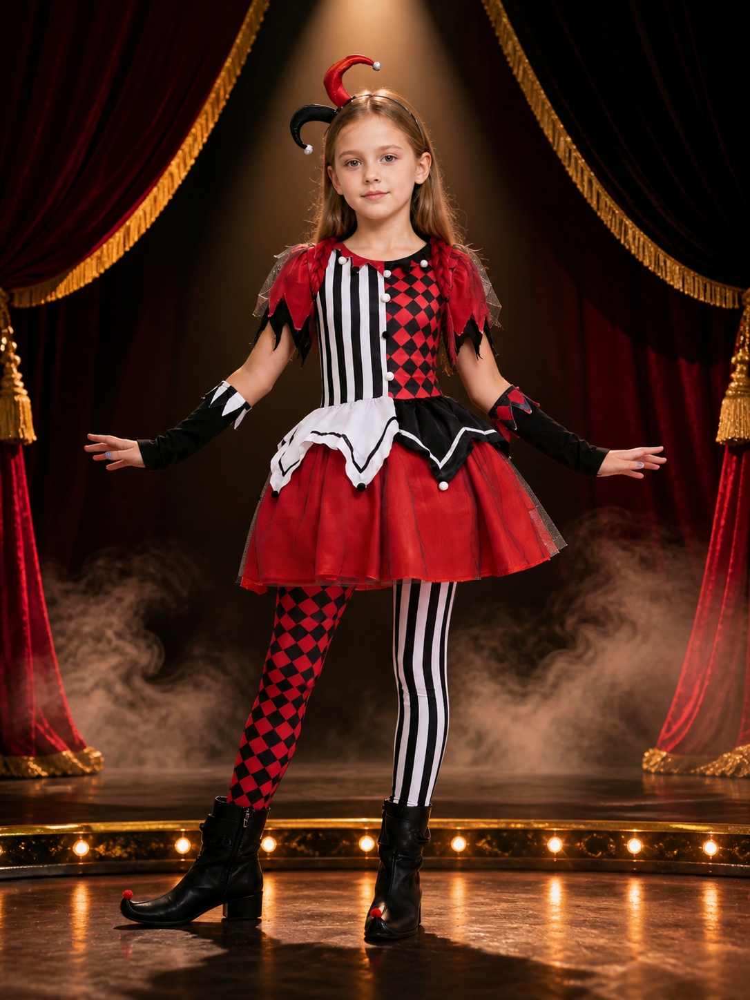 Kids Clown Costume Dress, Asymmetric Striped Tutu with Pom Pom Trim for Costume Dresses detail 3