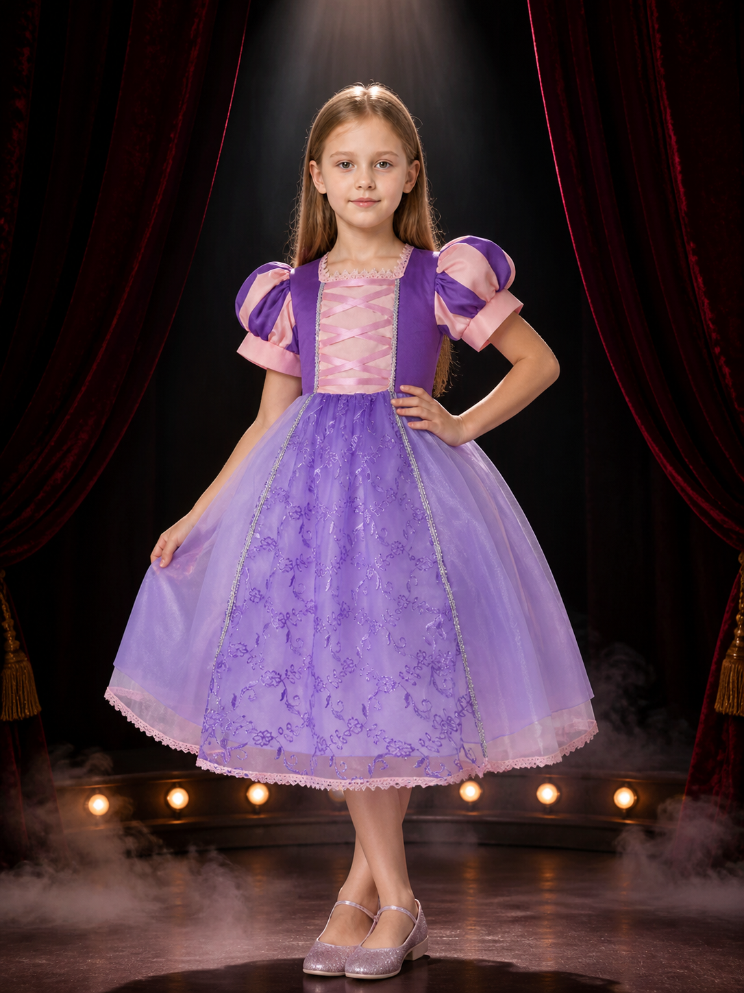 Girls' Princess Dress Costume, Embroidered Lace Organza Gown with Puff Sleeves Costume Dresses detail 3