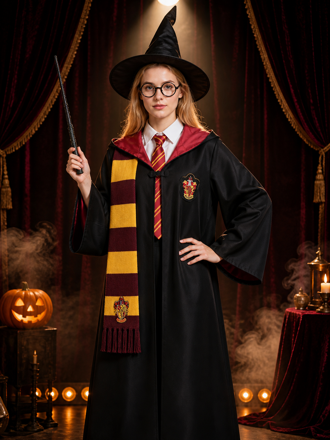 Wizard Robe Costume Set, Hooded Long Cloak With Scarf, Hat, Glasses, Wand, Tie & Costume Capes detail 3