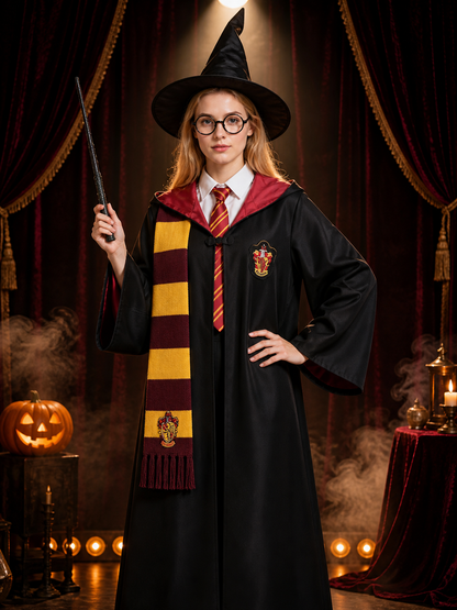 Wizard Robe Costume Set, Hooded Long Cloak With Scarf, Hat, Glasses, Wand, Tie & Costume Capes detail 3