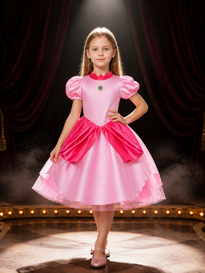 Girls Princess Peach Super Mario Halloween Costume Dress, Pink Tulle Puff Sleeve on-model stage scene view