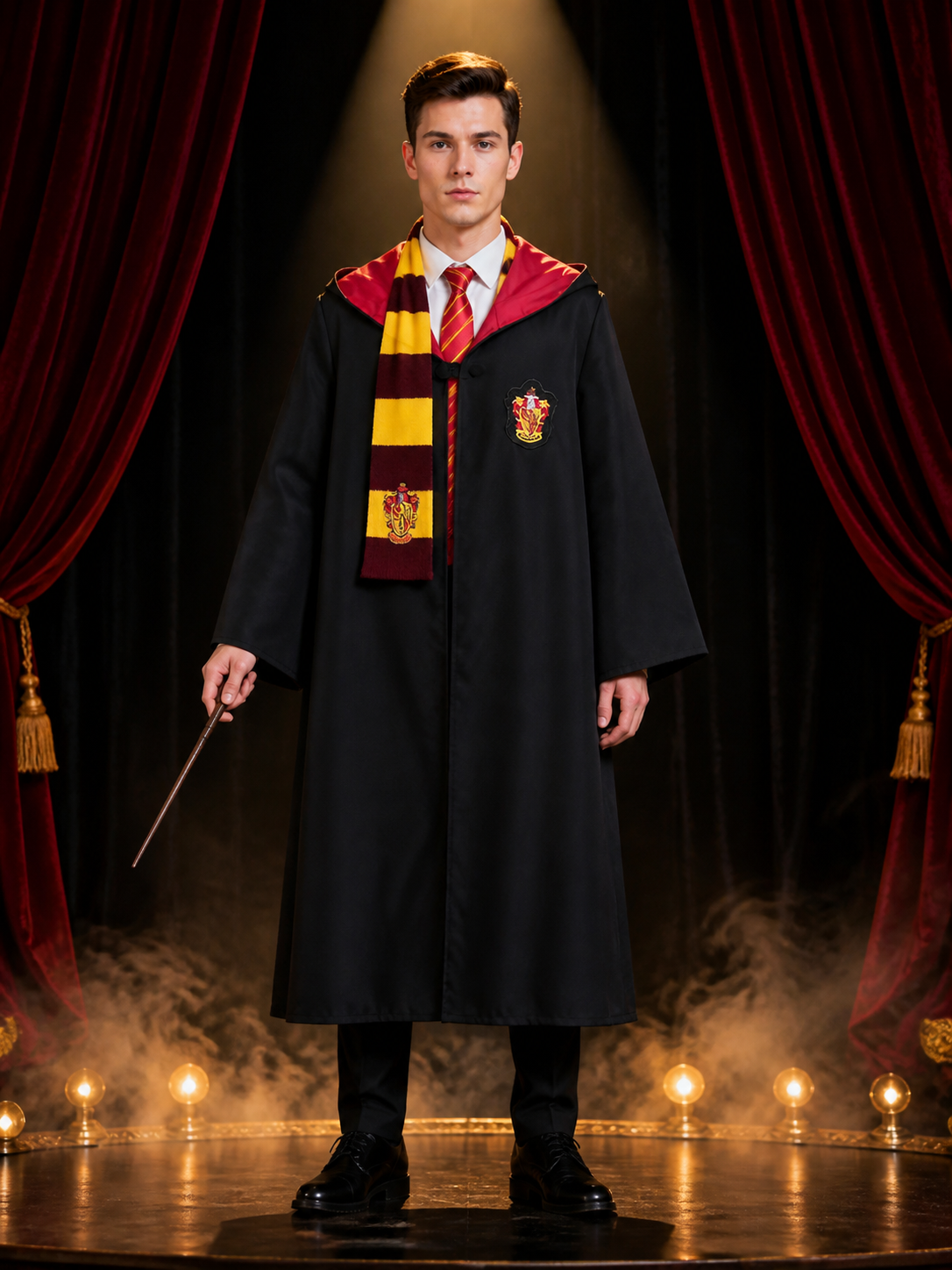 Wizard Costume Set, Long Hooded Robe with Tie and Scarf, Red and Gold Trim Costumes detail 3