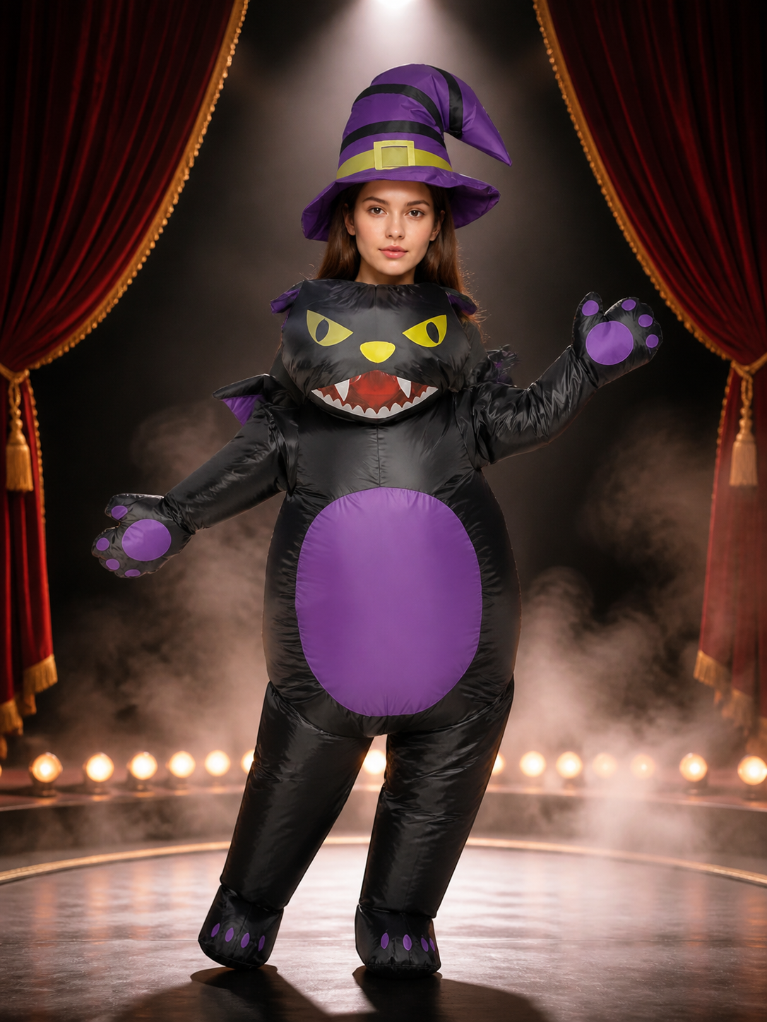 Halloween Cat Animal Jumpsuit Costume With Witch Hat Costume Headwear detail 3