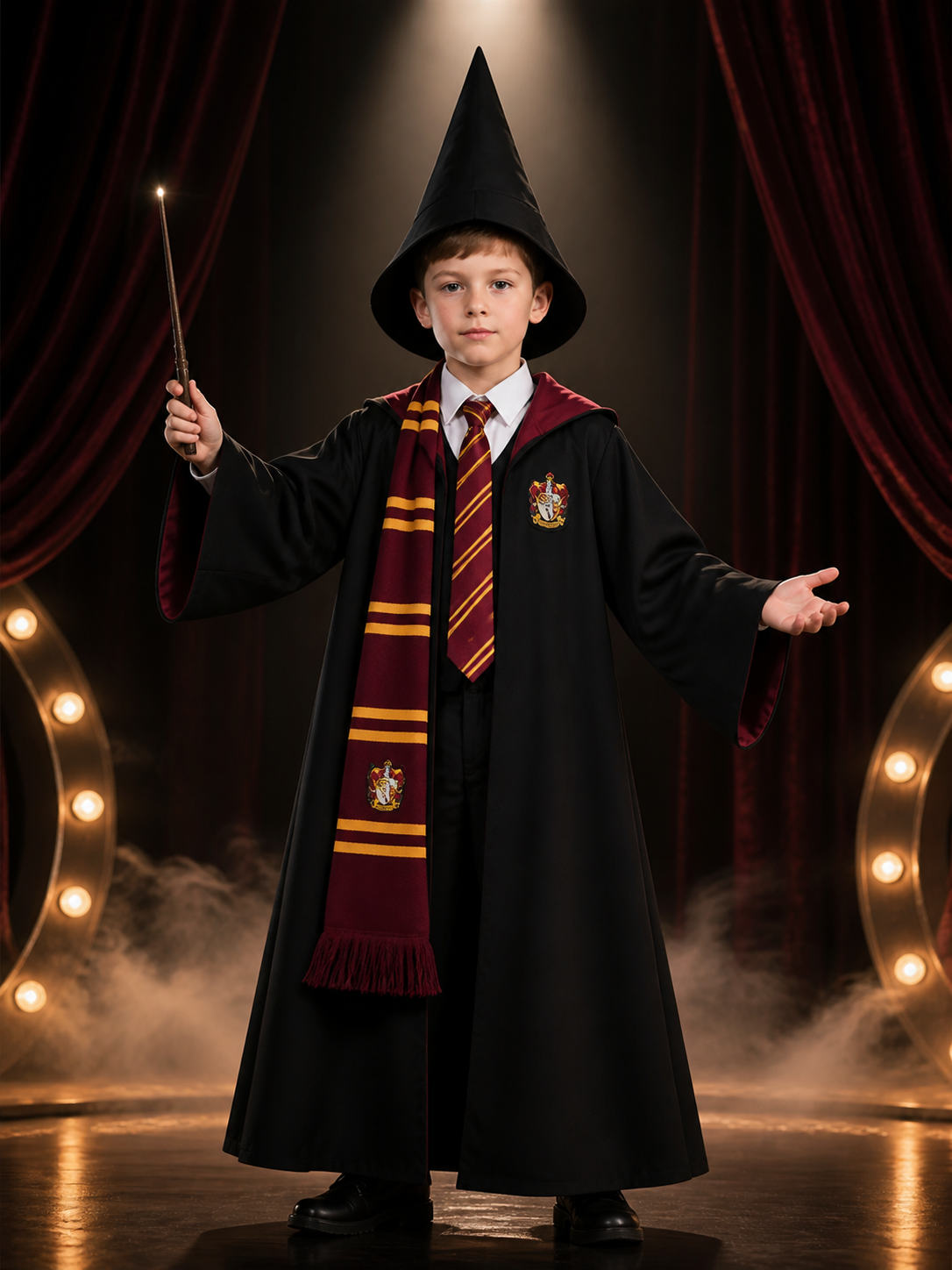 Hooded Wizard Robe Costume Set With Shirt, Tie, Scarf And Pointed Hat Costume Headwear detail 3