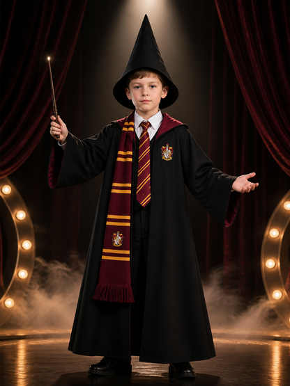 Hooded Wizard Robe Costume Set With Shirt, Tie, Scarf And Pointed Hat Costume Headwear detail 3