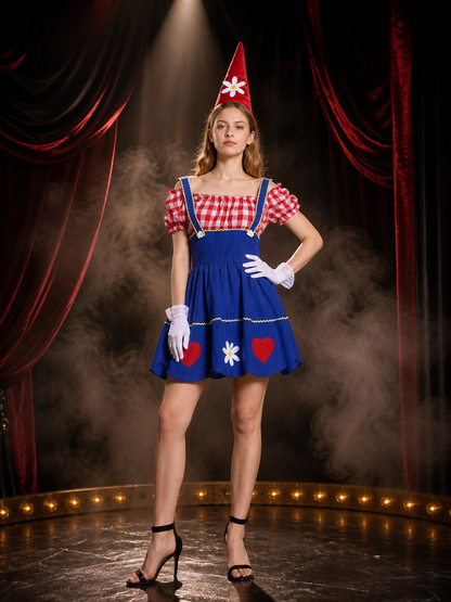 Women's Red & White Checkered Clown Dress with Blue Puffy Skirt, Hat & Gloves Costume Dresses detail 3