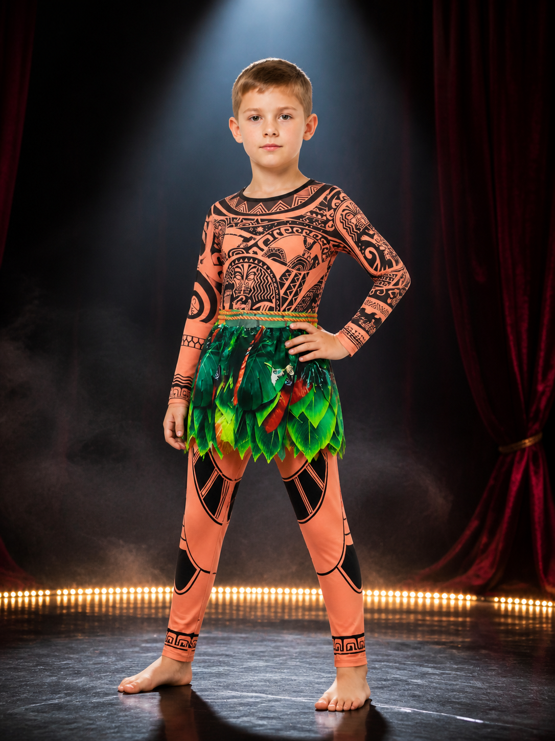 Boys Polynesian Tribal Print Bodysuit Costume with Green Leaf Skirt, Halloween Costumes detail 3