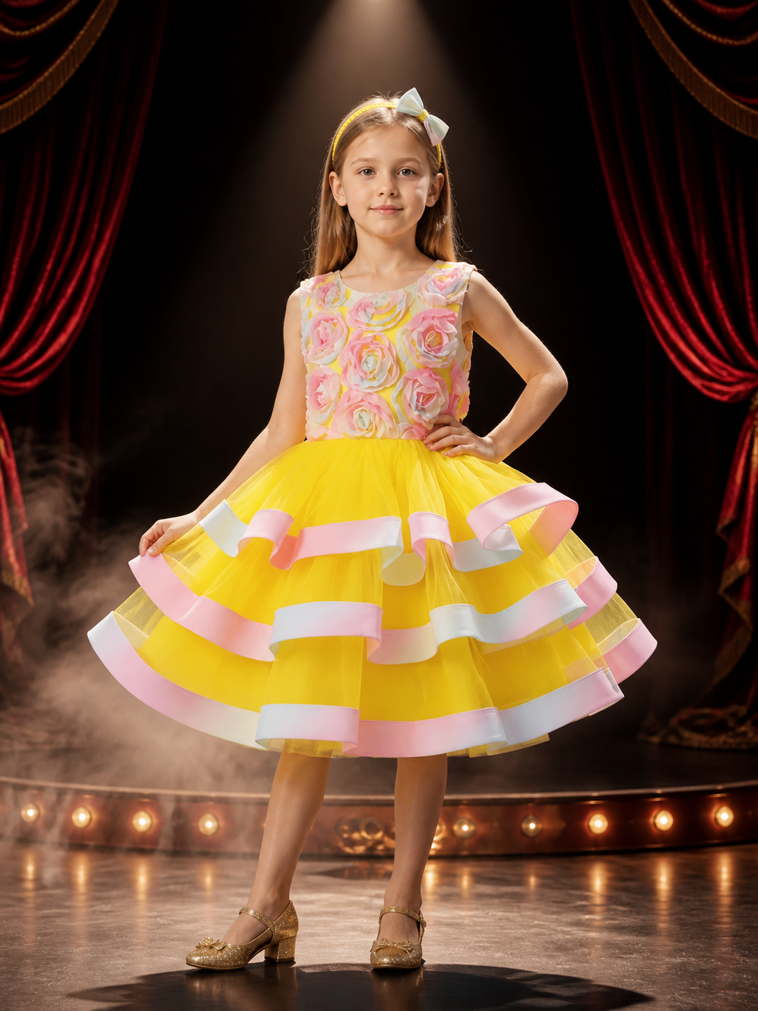 Girls' Princess Dress, Layered Tulle Cake Skirt With Rose and Bow Details