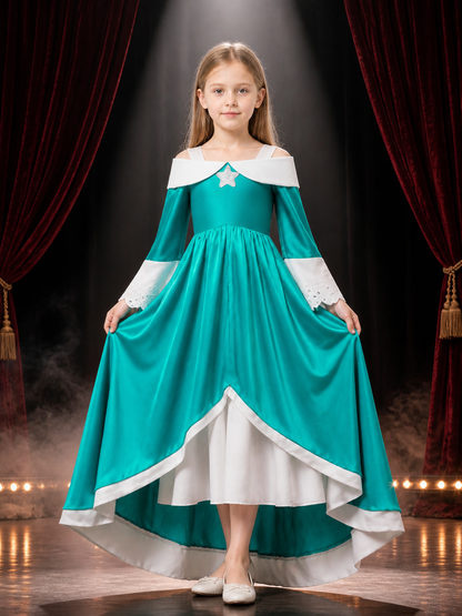 Girls Rosalina Princess Cosplay Dress with Silver Star and High-Low Hem on-model stage scene view