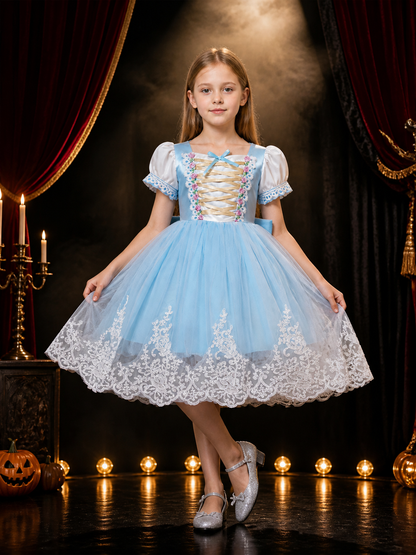 Girls' Sky Blue Princess Dress, Puff Sleeve Tulle Dress With Bow And Lace Trim Costume Dresses detail 3
