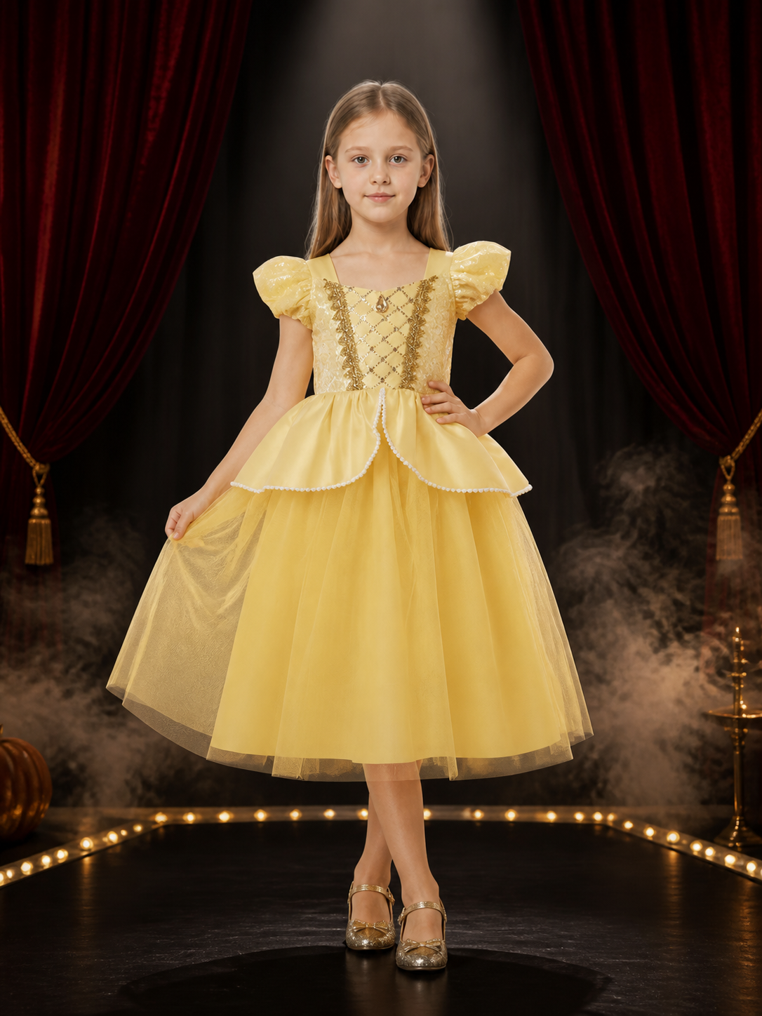 Girls Yellow Princess Costume Dress With Gold Trim, Puff Sleeves and Layered Costume Dresses detail 3