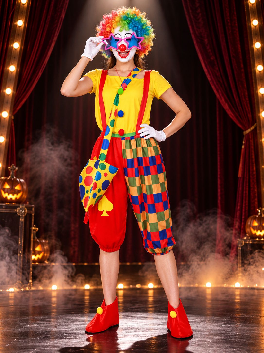 Adult Clown Costume, Yellow T-Shirt, Wig, Mask
