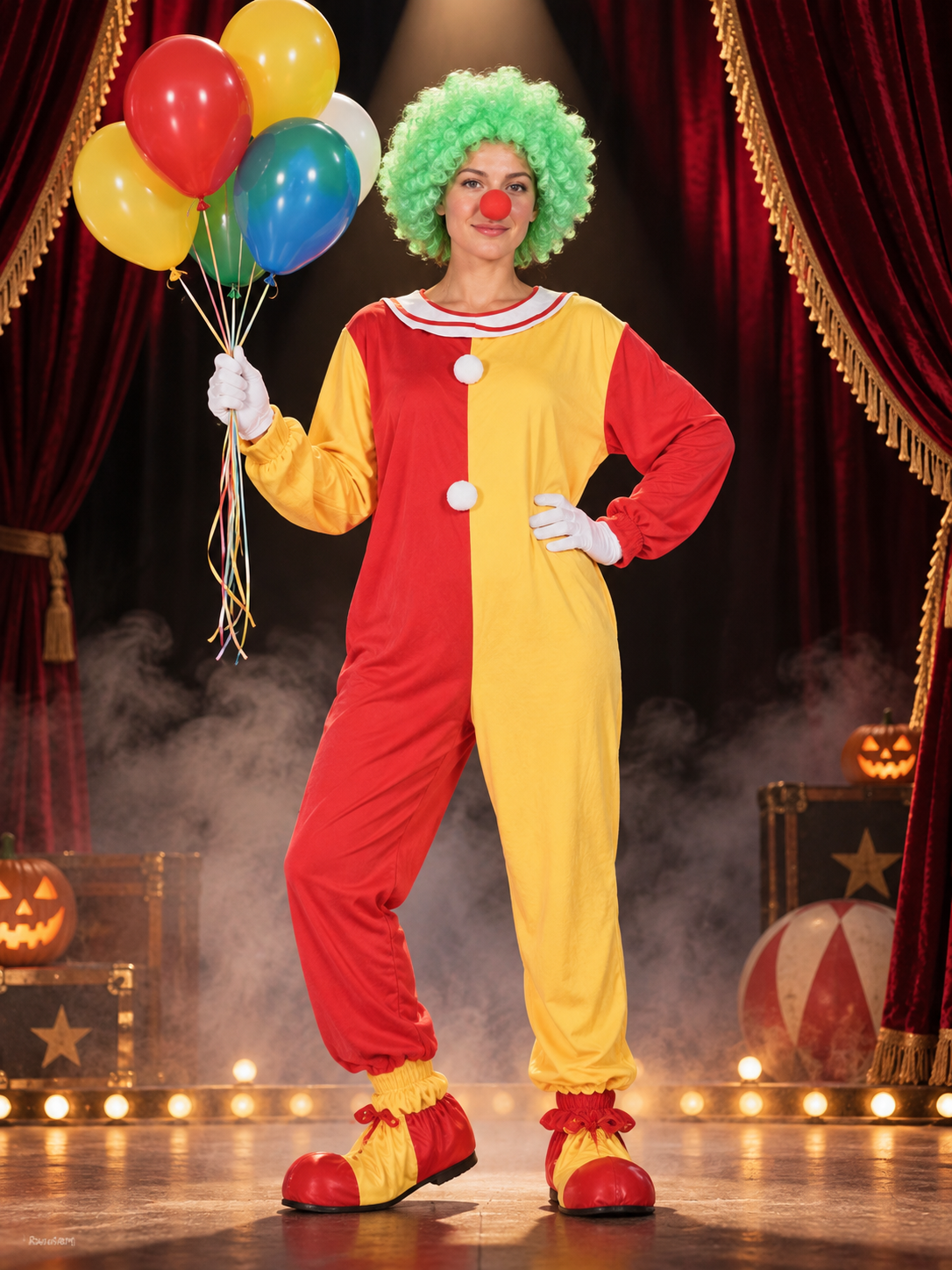 Adult Clown Costume Red and Yellow with Wig and Mask