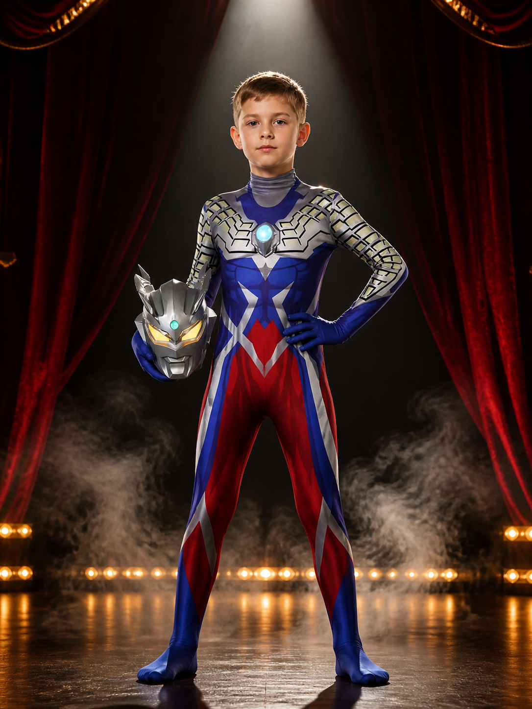 Silver Blue Red Superhero Bodysuit Costume With Helmet, Light-Up Details Costumes detail 3