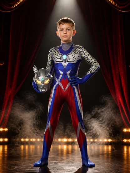 Silver Blue Red Superhero Bodysuit Costume With Helmet, Light-Up Details Costumes detail 3