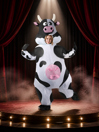 Adult Cow Onesie Costume with Horns, Spots, and Hood for Halloween Costumes detail 3