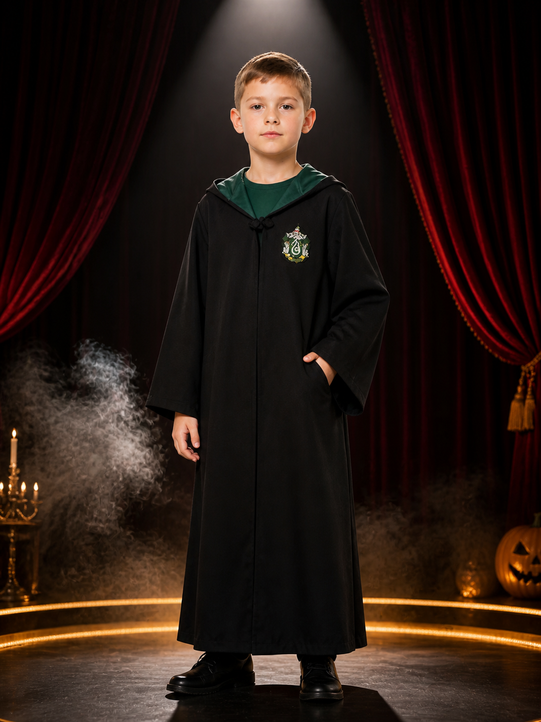 Kids' Slytherin-Themed Hooded Wizard Robe Costume, Black And Green Long-Sleeve Costumes detail 3