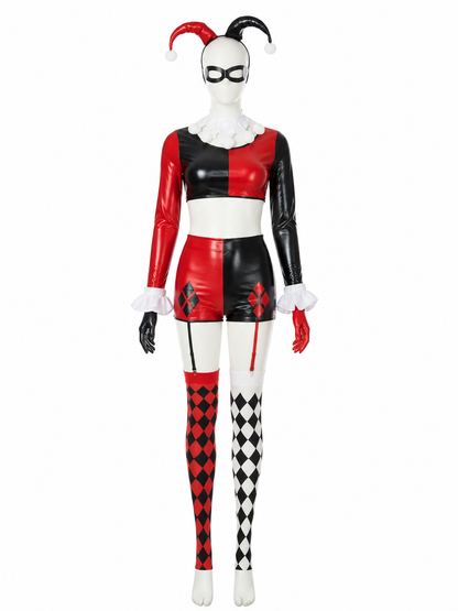 Women's Clown Circus Costume Set - Red Black Harlequin Outfit with Hat, Gloves & Costume Headwear detail 2