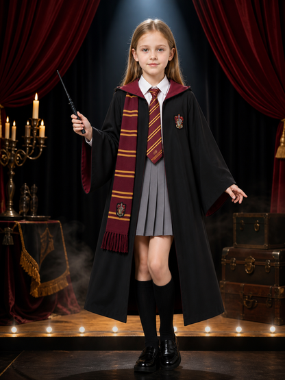 Kids Wizard Robe Costume Set With Tie, Scarf, Wand, Shirt And Skirt Costume Accessories detail 3