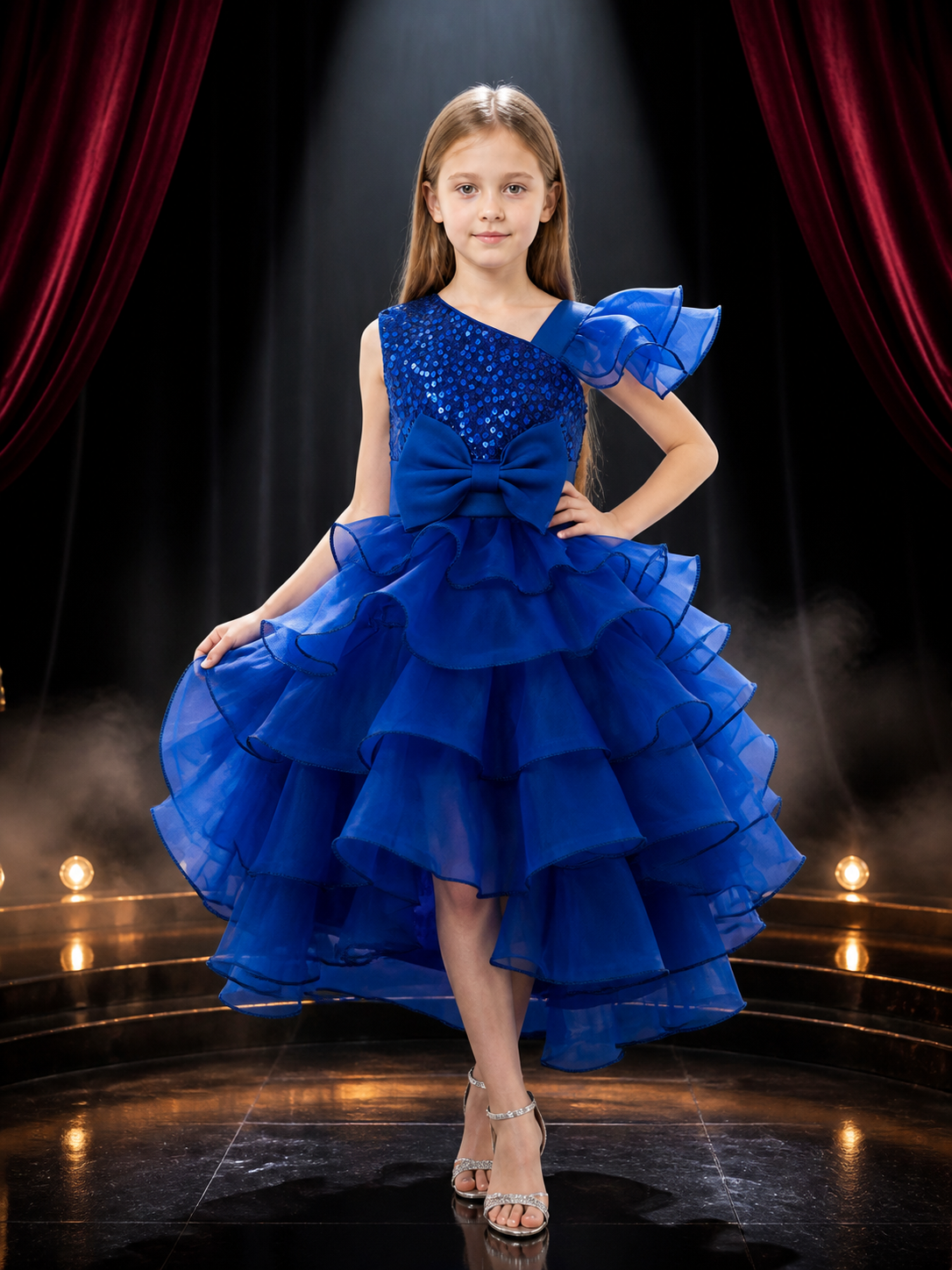 Toddler Girls' Blue Princess Dress, Sequined Bow Layered Ruffle Party Gown Costume Dresses detail 3