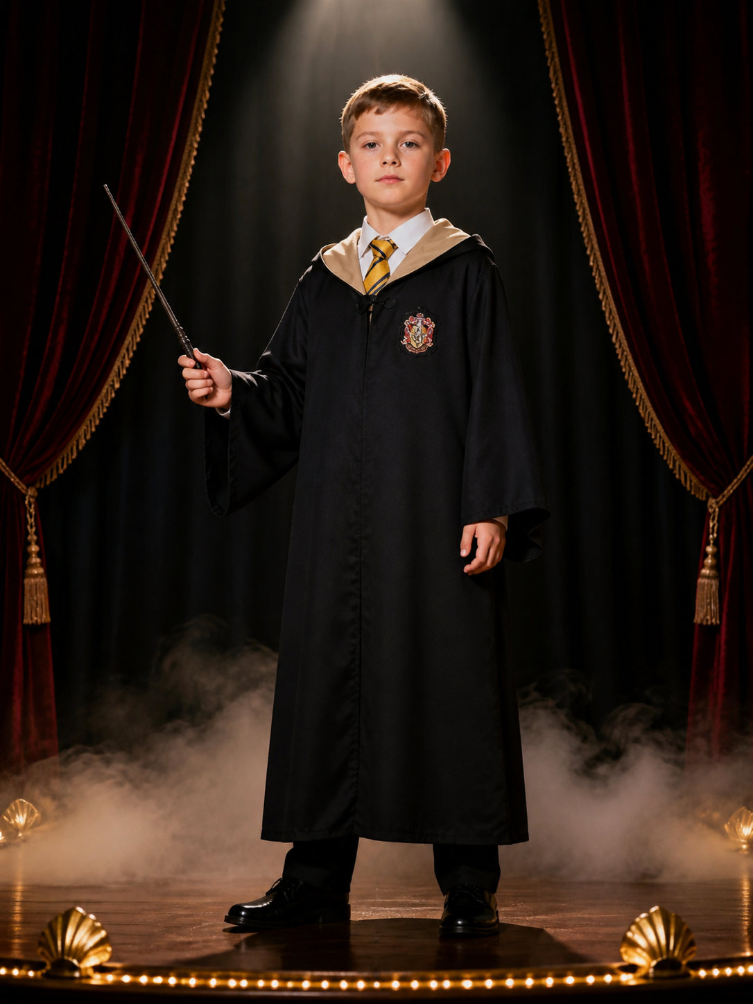 Children's Hufflepuff Wizard Robe Costume Set With Hooded Robe And Striped Tie Costumes detail 3