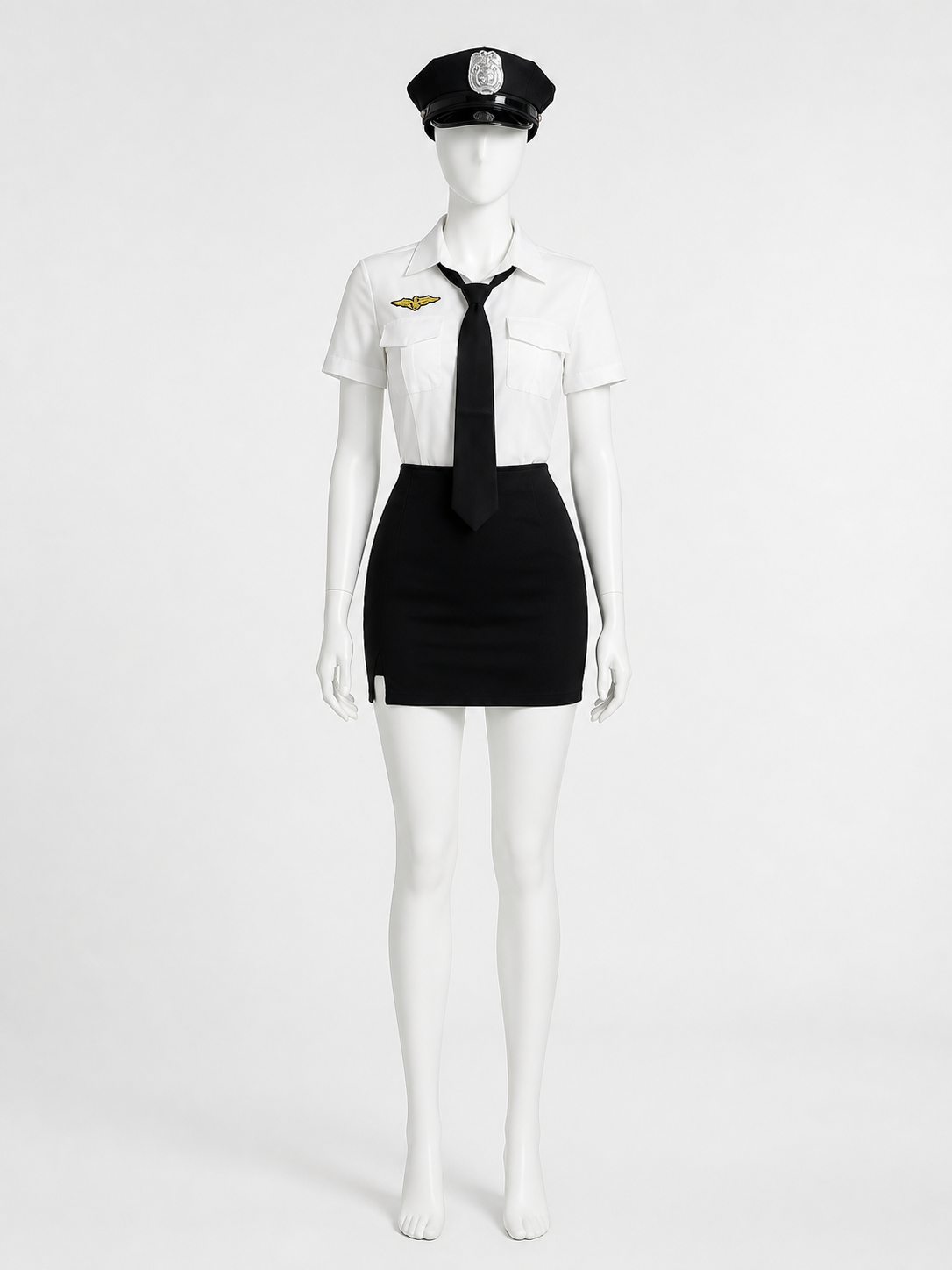 Women's Police Officer Costume Set, White Short Sleeve Uniform with Black Skirt Costumes detail 3