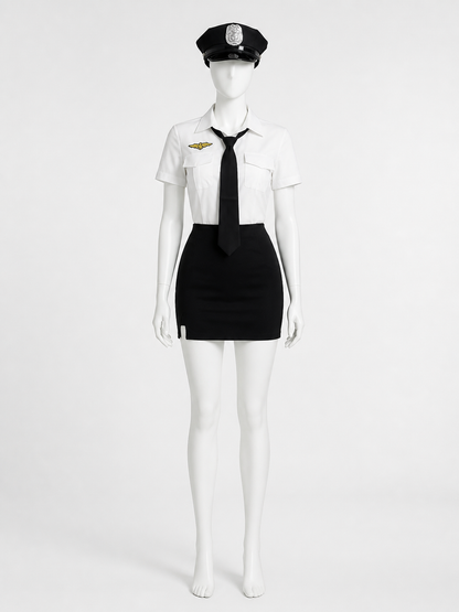 Women's Police Officer Costume Set, White Short Sleeve Uniform with Black Skirt Costumes detail 3