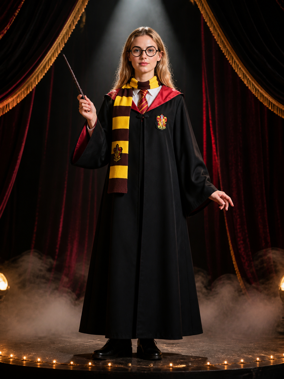 Black Hooded Wizard Robe Costume Set with School Crest, Scarf, Tie, Wand & Costume Accessories detail 3