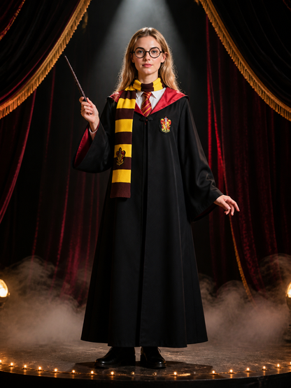 Black Hooded Wizard Robe Costume Set with School Crest, Scarf, Tie, Wand & Costume Accessories detail 3