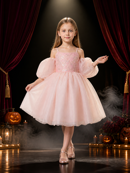Baby Girls' Pink Princess Dress With Puff Sleeves, Sequin Floral Bodice and Costume Dresses detail 3