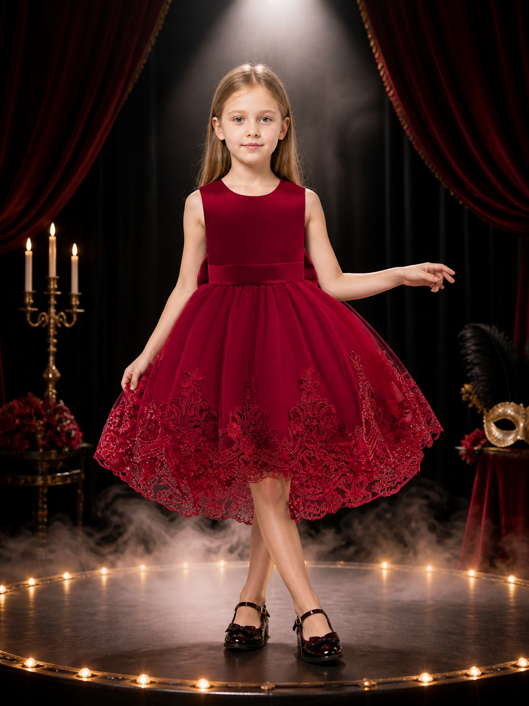 Girls' Burgundy Princess Dress with Lace Train, Layered Tulle Skirt and Waist Costume Dresses detail 3