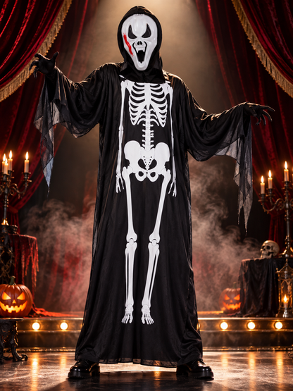 Skeleton Costume: Robe with White Print, Mask