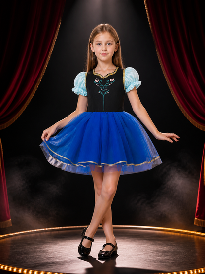 Girls' Blue Princess Cosplay Dress With Floral Embroidery And Layered Tulle Costume Dresses detail 3