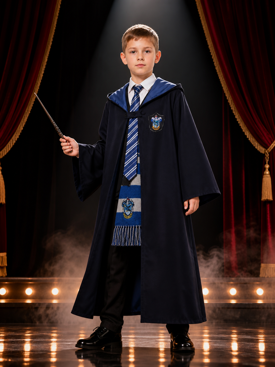 Kids Wizard Costume Set, Hooded Long Robe, Tie And Scarf Costumes detail 3
