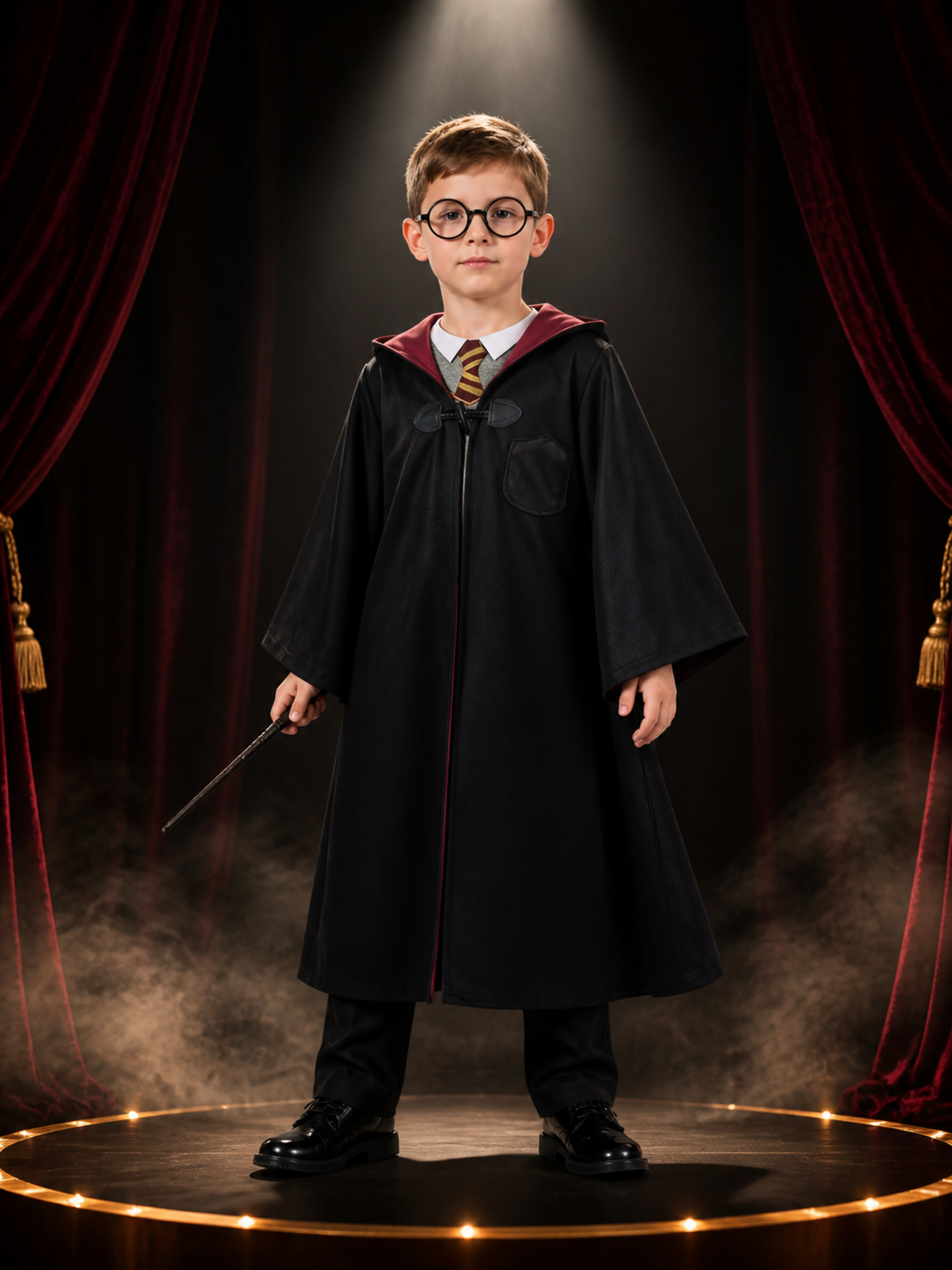 Kids Wizard Costume Set, Hooded Robe With Round Glasses, Tie, Inner Top And Costumes detail 3