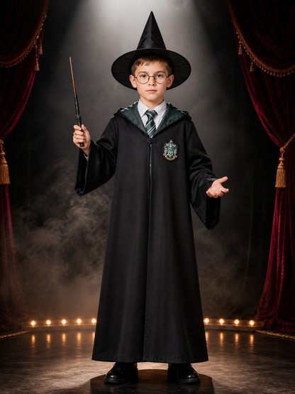 Wizard Costume Set With Hooded Robe, Pointed Hat, Wand, Tie and Round Glasses Costume Headwear detail 3
