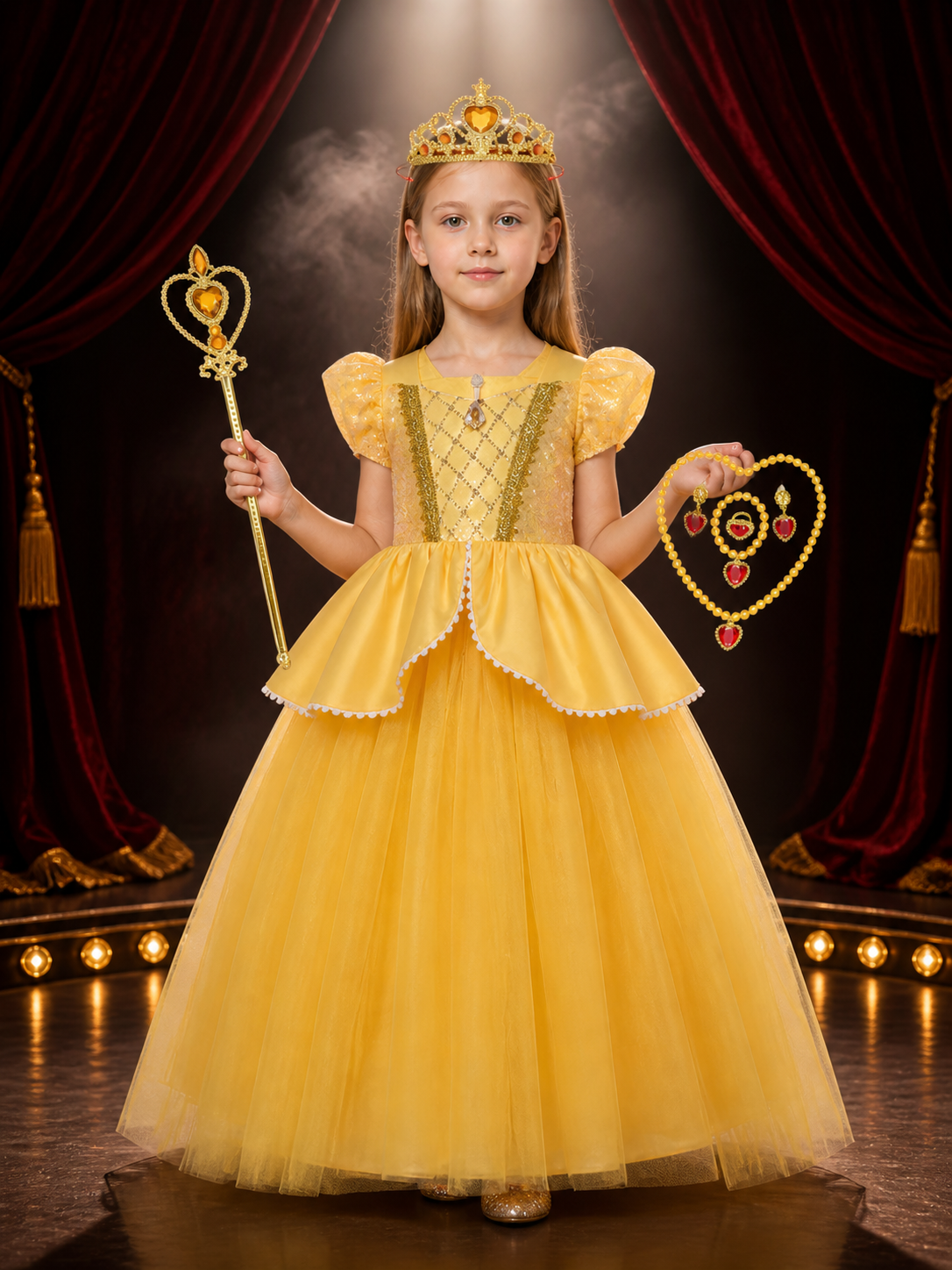Girls Yellow Princess Sequin Tulle Dress Costume Set with Crown and Magic Wand Costume Dresses detail 3