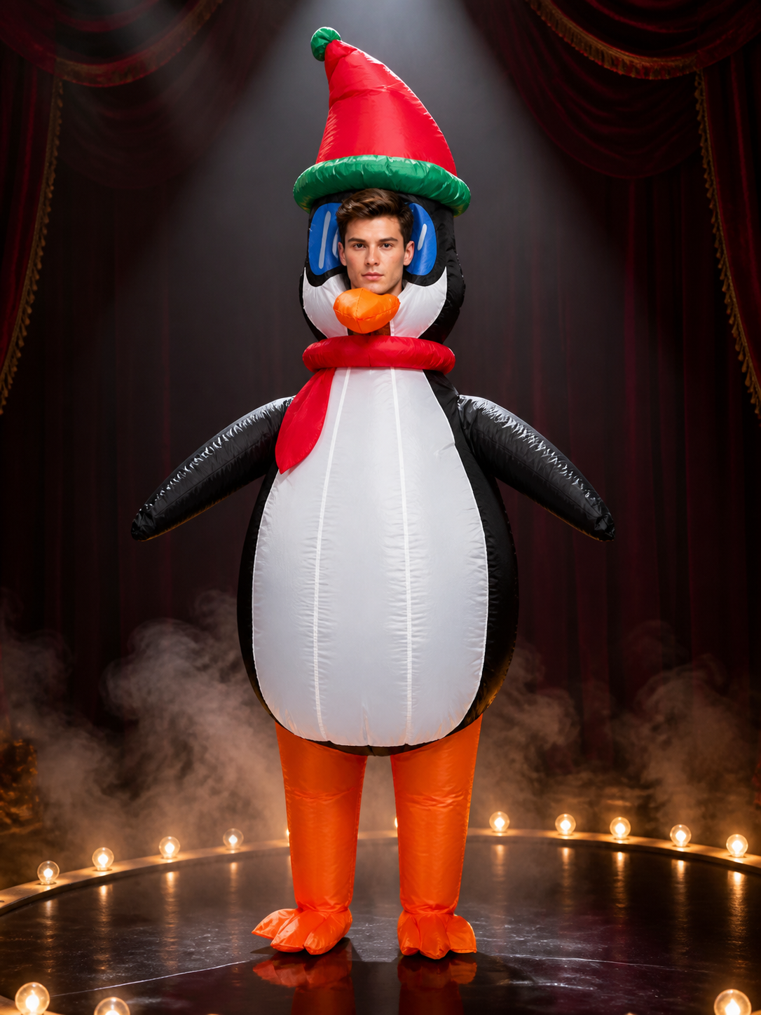 Christmas Penguin Costume with Santa Hat and Red Scarf Costume Headwear detail 3